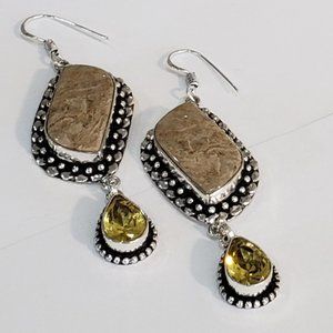 Beautiful Handmade Natural Fossil Coral, Citrine Gem 925 Vintage Earrings